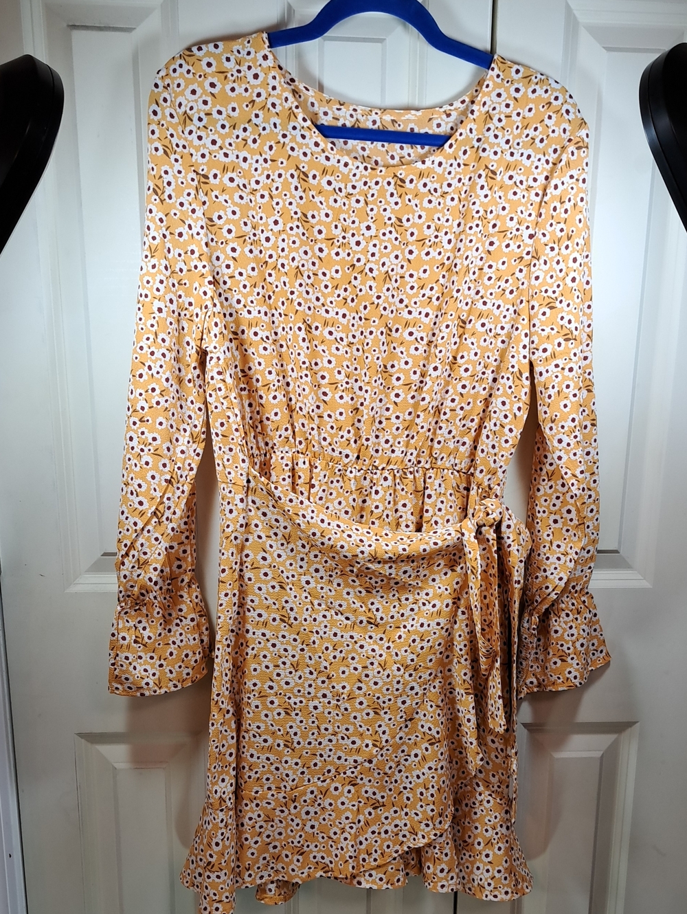 Floral Tie-Waist Long Sleeve Dress in Mustard